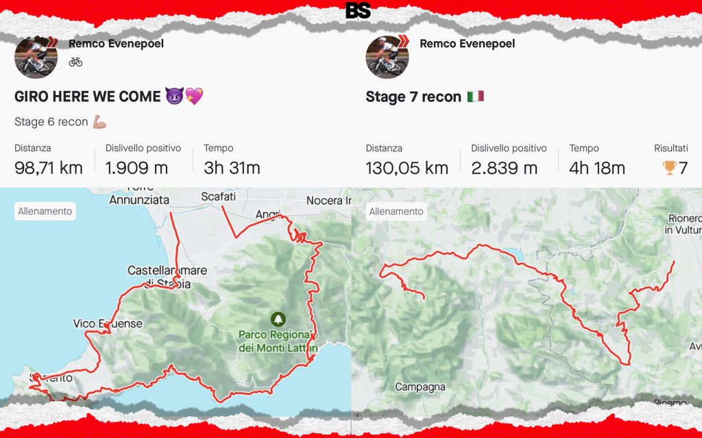 Allenamenti pubblicati su strava da Remco Evenepoel che sta facendo la ricognizione dei percorsi del Giro d'Italia 2023